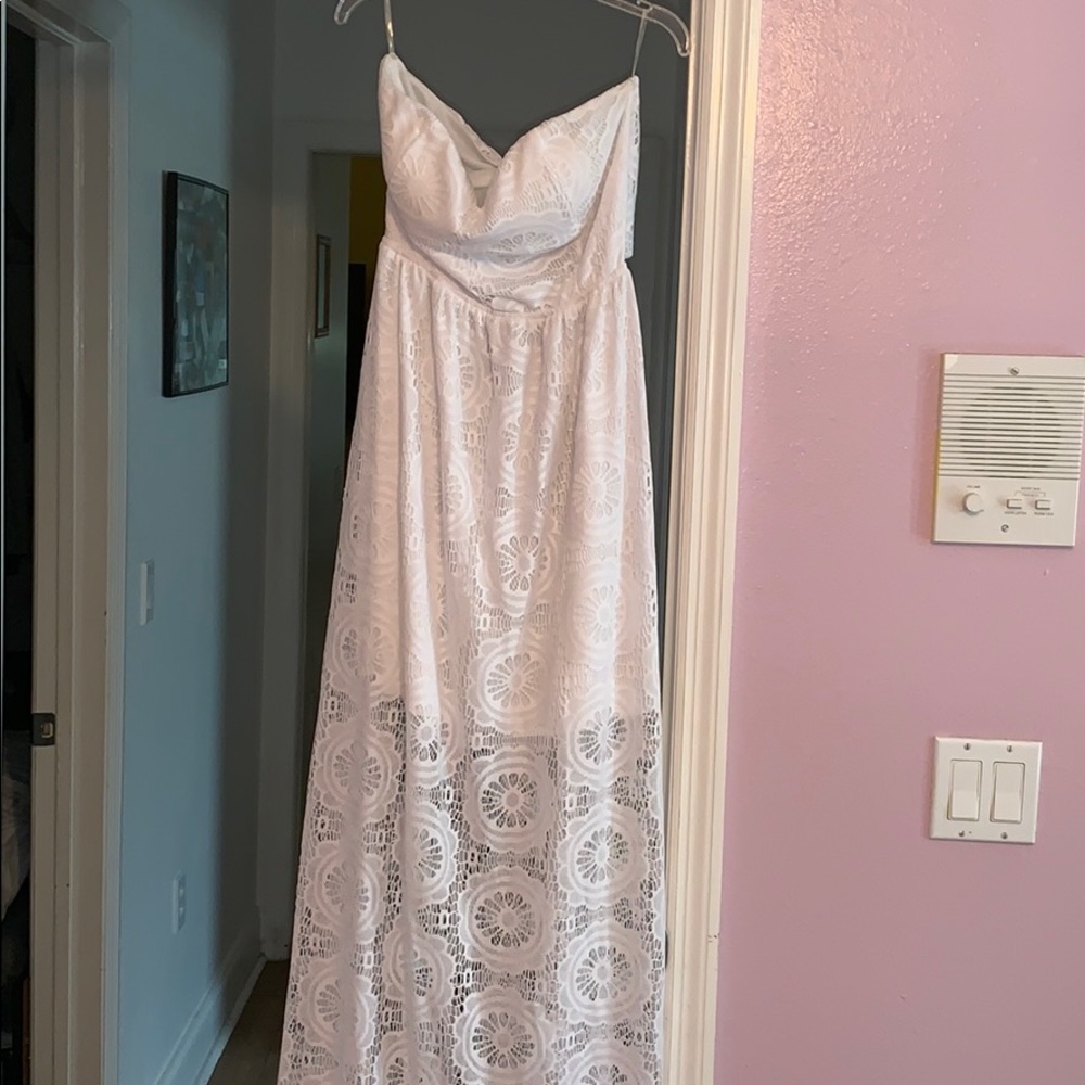 Long white strapless dress